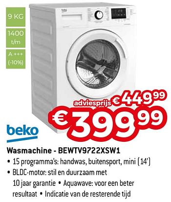 Promoties Beko wasmachine - bewtv9722xsw1 - Beko - Geldig van 22/06/2020 tot 31/07/2020 bij Exellent