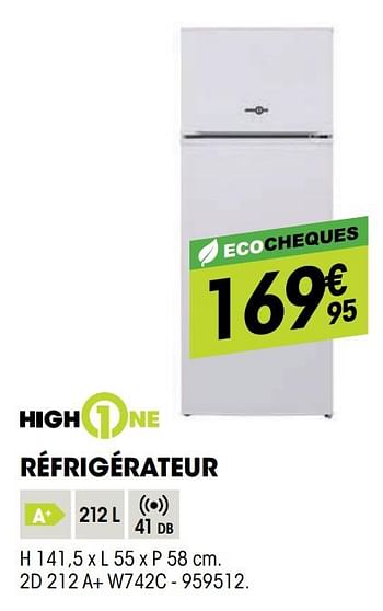 Promotions Highone réfrigérateur 2d 212 a+ w742c - HighOne - Valide de 01/07/2020 à 19/07/2020 chez Electro Depot