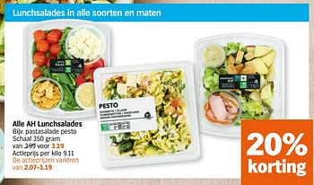 Promoties Alle ah lunchsalades pastasalade pesto - Huismerk - Albert Heijn - Geldig van 29/06/2020 tot 05/07/2020 bij Albert Heijn