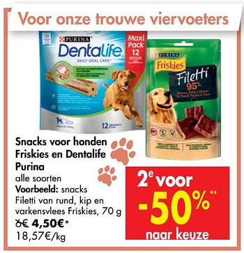 Promoties Snacks voor honden friskies en dentalife purina snacks filetti van rund kip en varkensvlees friskies - Purina - Geldig van 01/07/2020 tot 13/07/2020 bij Carrefour