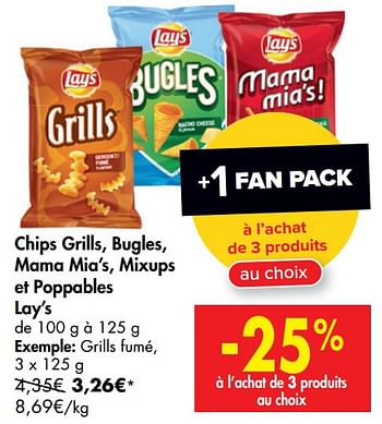 Promoties Chips grills, bugles, mama mia`s, mixups et poppables lay`s grills fumé - Lay's - Geldig van 01/07/2020 tot 13/07/2020 bij Carrefour