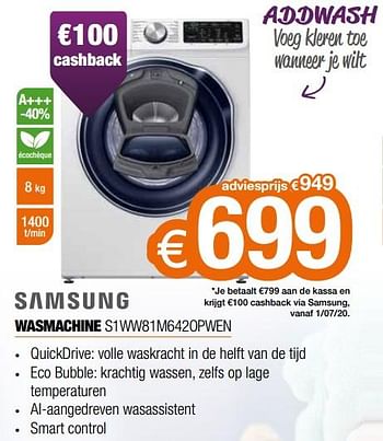 Promoties Samsung wasmachine s1ww81m642opwen - Samsung - Geldig van 29/06/2020 tot 29/07/2020 bij Expert