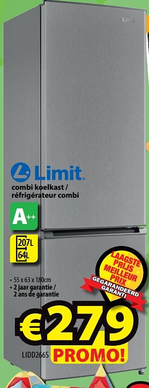 Promotions Limit combi koelkast - réfrigérateur combi lidd266s - Limit - Valide de 01/07/2020 à 31/08/2020 chez ElectroStock