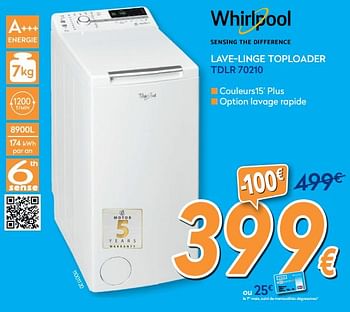 Promoties Whirlpool lave-linge toploader tdlr 70210 - Whirlpool - Geldig van 01/07/2020 tot 31/07/2020 bij Krefel