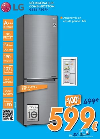 Promotions Lg réfrigérateur combi-bottom gbb61pzgfn - LG - Valide de 01/07/2020 à 31/07/2020 chez Krefel