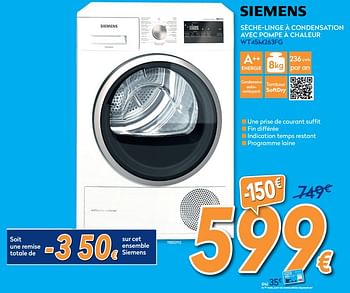 Promotions Siemens sèche-linge à condensation avec pompe à chaleur wt45m263fg - Siemens - Valide de 01/07/2020 à 31/07/2020 chez Krefel