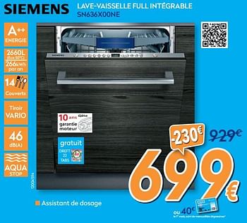 Promotions Siemens lave-vaisselle full intégrable sn636x00ne - Siemens - Valide de 01/07/2020 à 31/07/2020 chez Krefel