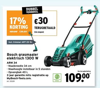Promoties Bosch grasmaaier elektrisch 1300 w arm 34 - Bosch - Geldig van 08/07/2020 tot 21/07/2020 bij Gamma