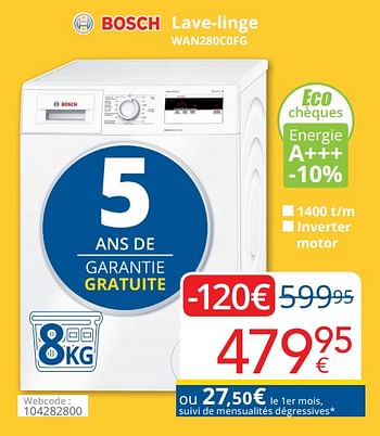Promotions Bosch lave-linge wan280c0fg - Bosch - Valide de 01/07/2020 à 31/07/2020 chez Eldi