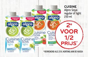 Promoties Cuisine alpro soya regular of light 2e voor 1-2 prijs - Alpro - Geldig van 15/07/2020 tot 28/07/2020 bij Alvo