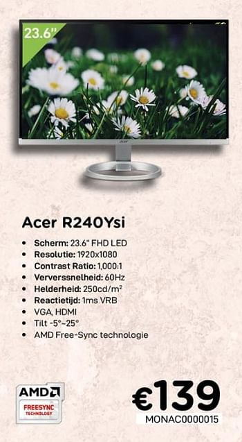 Promoties Acer r240ysi - Acer - Geldig van 01/07/2020 tot 15/08/2020 bij Compudeals