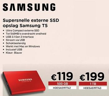 Promoties Samsung supersnelle externe ssd opslag samsung t5 - Samsung - Geldig van 01/07/2020 tot 15/08/2020 bij Compudeals