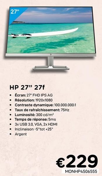 Promotions Hp 27`` monitor 27f - HP - Valide de 01/07/2020 à 15/08/2020 chez Compudeals