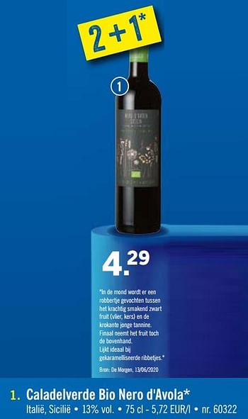 Promoties Caladelverde bio nero d`avola - Rode wijnen - Geldig van 13/07/2020 tot 18/07/2020 bij Lidl