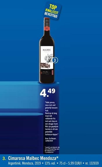 Promoties Cimarosa malbec mendoza - Rode wijnen - Geldig van 13/07/2020 tot 18/07/2020 bij Lidl