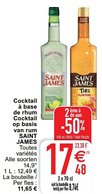 Promotions Cocktail à base de rhum cocktail op basis van rum saint james - Saint James - Valide de 07/07/2020 à 13/07/2020 chez Cora