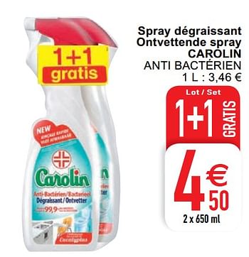 Promotions Spray dégraissant ontvettende spray carolin anti bactérien - Carolin - Valide de 07/07/2020 à 13/07/2020 chez Cora