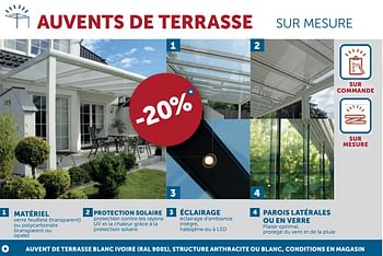 Promotions Auvents de terrasse sur mesure matériel - Produit maison - Zelfbouwmarkt - Valide de 21/07/2020 à 17/08/2020 chez Zelfbouwmarkt