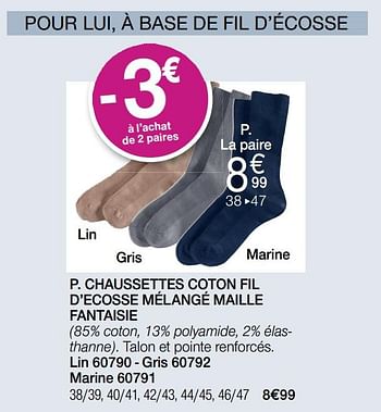 Promoties Chaussettes coton fil d`ecosse mélangé maille fantaisie - Huismerk - Damart - Geldig van 29/06/2020 tot 31/07/2020 bij Damart