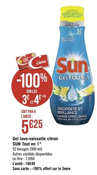 Promotions Gel lave-vaisselle citron sun tout en 1 - Sun - Valide de 08/07/2020 à 14/07/2020 chez Géant Casino