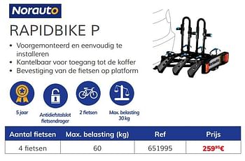 Promoties Fietsendrager rapidbike 4 fietsen - Norauto - Geldig van 03/07/2020 tot 31/03/2021 bij Auto 5