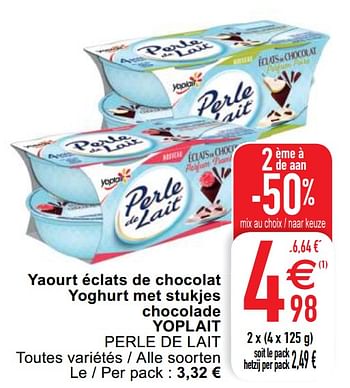 Promoties Yaourt éclats de chocolat yoghurt met stukjes chocolade yoplait perle de lait - Yoplait - Geldig van 14/07/2020 tot 20/07/2020 bij Cora