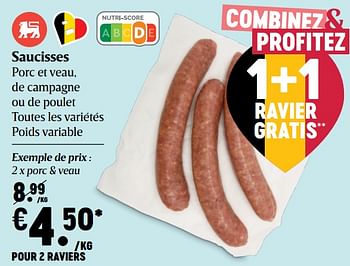 Promotions Saucisses porc et veau, de campagne ou de poulet - Produit Maison - Delhaize - Valide de 16/07/2020 à 22/07/2020 chez Delhaize