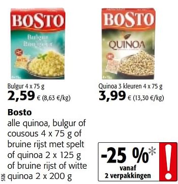 Bosto Bosto Alle Quinoa Bulgur Of Cousous Of Bruine Rijst Met Spelt Of Quinoa Of Bruine Rijst Of Witte Quinoa Promotie Bij Colruyt