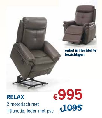 Promoties Relax 2 motorisch met liftfunctie, leder met pvc - Huismerk - De Prijzenklopper - Geldig van 01/07/2020 tot 31/08/2020 bij De Prijzenklopper