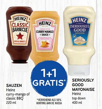 Promoties 1+1 gratis sauzen heinz curry-mango of classic bbq - Heinz - Geldig van 29/07/2020 tot 11/08/2020 bij Alvo