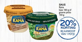 Promotions Saus rana kaas of groene pesto 20% korting bij aankoop van 1 potje - Giovanni rana - Valide de 29/07/2020 à 11/08/2020 chez Alvo