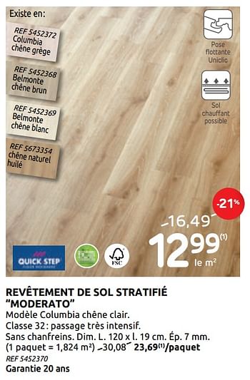 Promotions Revêtement de sol stratifié moderato - QuickStep - Valide de 29/07/2020 à 10/08/2020 chez BricoPlanit