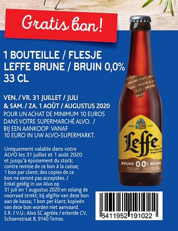 Promoties 1 bouteille leffe brune 0,0% - Leffe - Geldig van 29/07/2020 tot 11/08/2020 bij Alvo