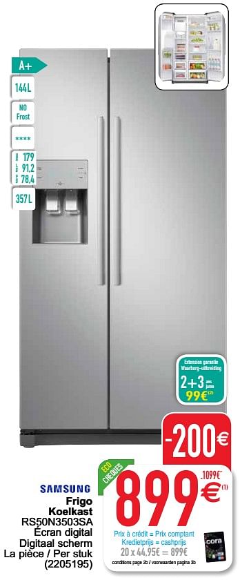 Promoties Samsung frigo koelkast rs50n3503sa - Samsung - Geldig van 28/07/2020 tot 10/08/2020 bij Cora