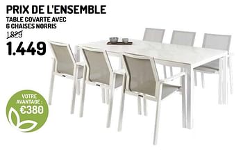 Promoties Prix de l`ensemble table covarte avec 6 chaises norris - Huismerk - Oh'Green - Geldig van 01/04/2020 tot 30/06/2020 bij Oh'Green