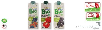 Promoties Paquito bio sap rode vruchten, tomaat of gedroogde pruim - Paquito - Geldig van 01/08/2020 tot 31/08/2020 bij Intermarche