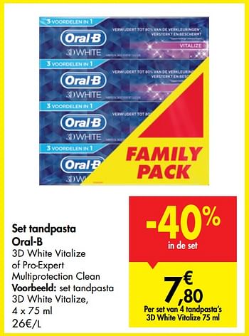 Promoties Set tandpasta oral-b 3d white vitalize - Oral-B - Geldig van 29/07/2020 tot 10/08/2020 bij Carrefour