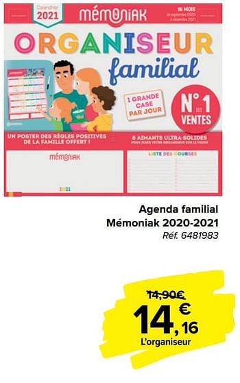 Promotions Agenda familial mémoniak 2020-2021 - Produit maison - Carrefour  - Valide de 29/07/2020 à 07/09/2020 chez Carrefour