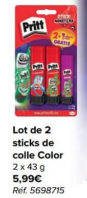Promotions Lot de 2 sticks de colle color - Pritt - Valide de 29/07/2020 à 07/09/2020 chez Carrefour