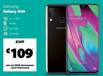 Promoties Samsung galaxy a40 - Samsung - Geldig van 30/07/2020 tot 31/08/2020 bij Base