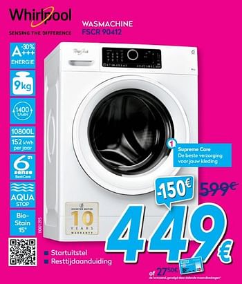 Promotions Whirlpool wasmachine fscr 90412 - Whirlpool - Valide de 01/08/2020 à 31/08/2020 chez Krefel
