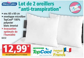 Promotions Lot de 2 oreillers anti-transpiration - Bleu Calin - Valide de 05/08/2020 à 11/08/2020 chez Norma