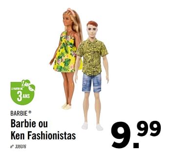 Promoties Barbie ou ken fashionistas - Mattel - Geldig van 10/08/2020 tot 14/08/2020 bij Lidl