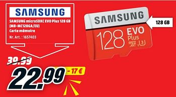 Promotions Samsung microsdxc evo plus 128 gb mb-mc128ga-eu carte mémoire - Samsung - Valide de 01/08/2020 à 09/08/2020 chez Media Markt