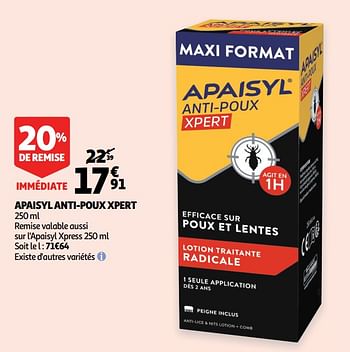 Promotions Apaisyl anti-poux xpert - Apaisyl - Valide de 05/08/2020 à 25/08/2020 chez Auchan Ronq