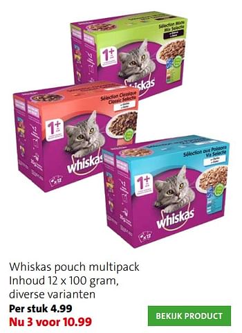 Promoties Whiskas pouch multipack inhoud 12 x 100 gram, diverse varianten - Whiskas - Geldig van 03/08/2020 tot 09/08/2020 bij Intratuin