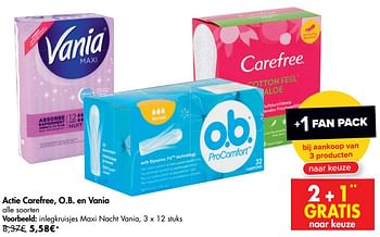 Promoties Actie carefree o.b. en vania inlegkruisjes maxi nacht vania - Vania - Geldig van 05/08/2020 tot 17/08/2020 bij Carrefour