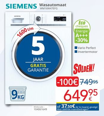 Promoties Siemens wasautomaat wm16w47efg - Siemens - Geldig van 01/08/2020 tot 31/08/2020 bij Eldi