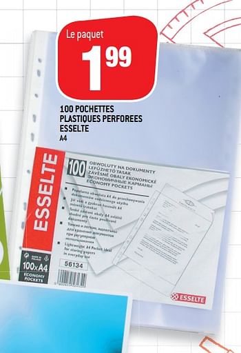 Promotions 100 pochettes plastiques perforees esselte a4 - Esselte - Valide de 05/08/2020 à 30/09/2020 chez Match
