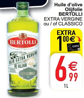 Promoties Huile d`olive olijfolie bertolli - Bertolli - Geldig van 11/08/2020 tot 17/08/2020 bij Cora